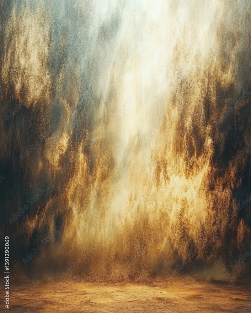 Poster ethereal golden light illuminating a textured stage backdrop creating a dramatic and artistic mood f