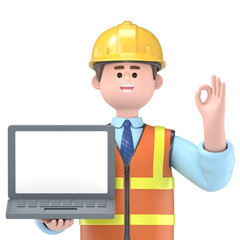 3D illustration of male engineer Owen  with ok gesture showing business charts at screen laptop computer.Transparent Background Mockup.Supports PNG files with transparent backgrounds.