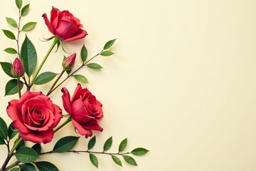 Fototapeta premium Vintage floral arrangement with red roses, tulips, and green branches on a cream background, flowers, red roses