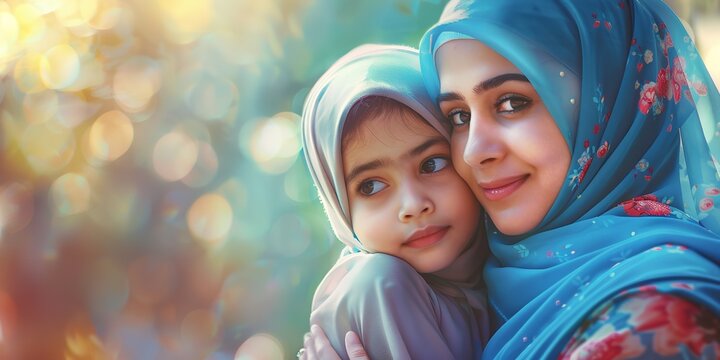 Gorgeous picture of a mother and daughter wearing a hijab, spending time together, celebrating Mother's Day, Ramadan, Raya, Eid, takaful, and hibah, Generative AI. - Powered by Adobe