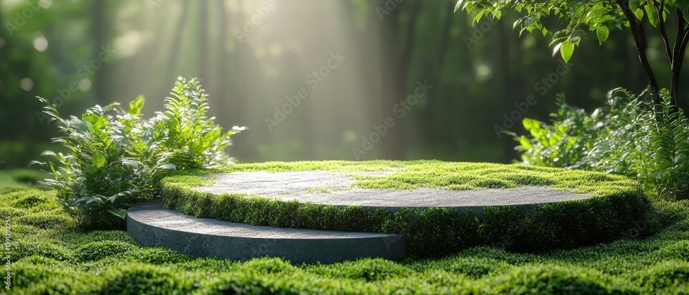 Poster serene natural podium with mossy stone platform in lush green forest bathed in soft sunlight creatin