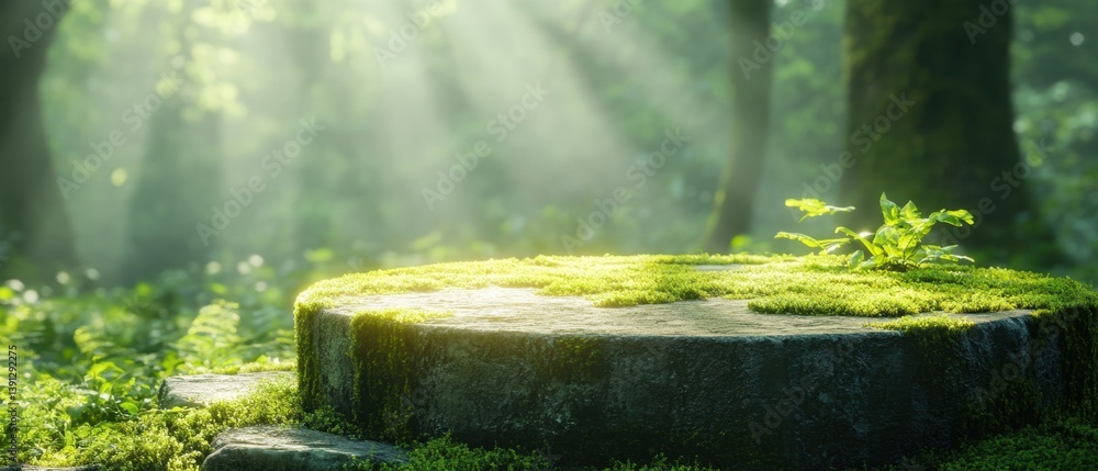 Poster enchanted forest platform with moss and sunlight beams creating a magical and serene atmosphere for 