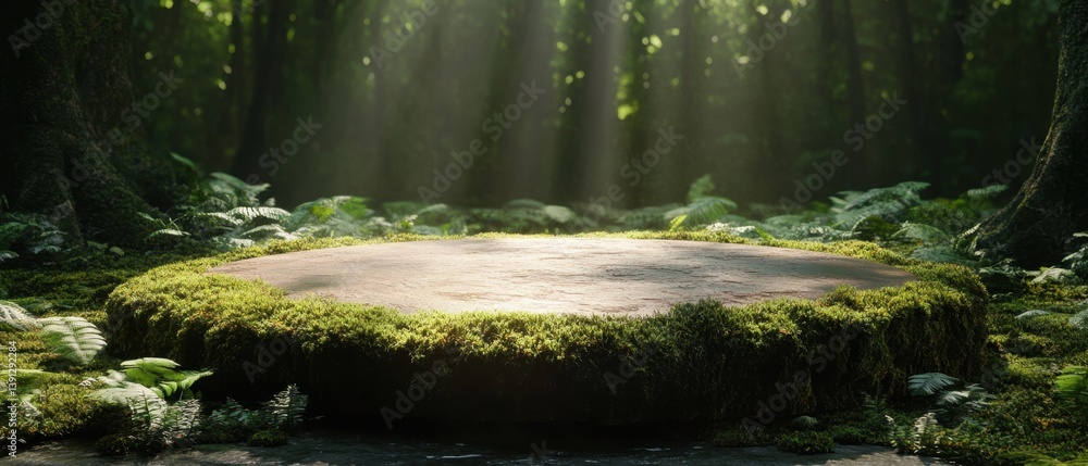 Poster enchanting forest platform scene with sunlit moss and lush greenery ideal for product display and se