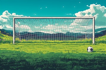 Fototapeta premium Vector art representing a detailed sports goalpost in a lush green field under a bright blue sky