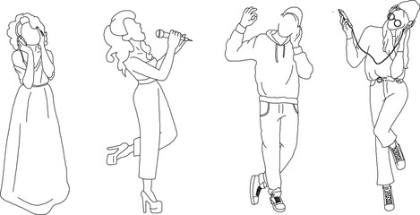 silhouette design vector illustration sketch of young female fashion model wearing headphones and singing music