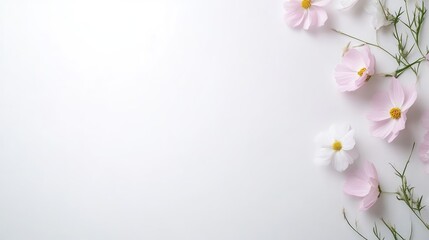 Fototapeta premium Delicate pink and white flowers scattered on a pristine white background, minimalist floral arrangement, soft pastel colors, and elegant composition.