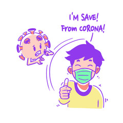 Boy giving thumbs up with virus in background saying he’s safe