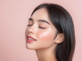 Fototapeta premium Beauty portrait of young woman with soft makeup studio photograph calm environment close-up self-care concept