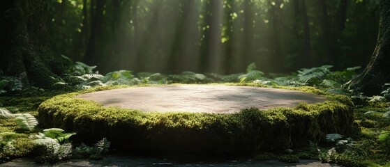 Enchanting Forest Platform Scene with Sunlit Moss and Lush Greenery Ideal for Product Display and Serene Nature Backgrounds