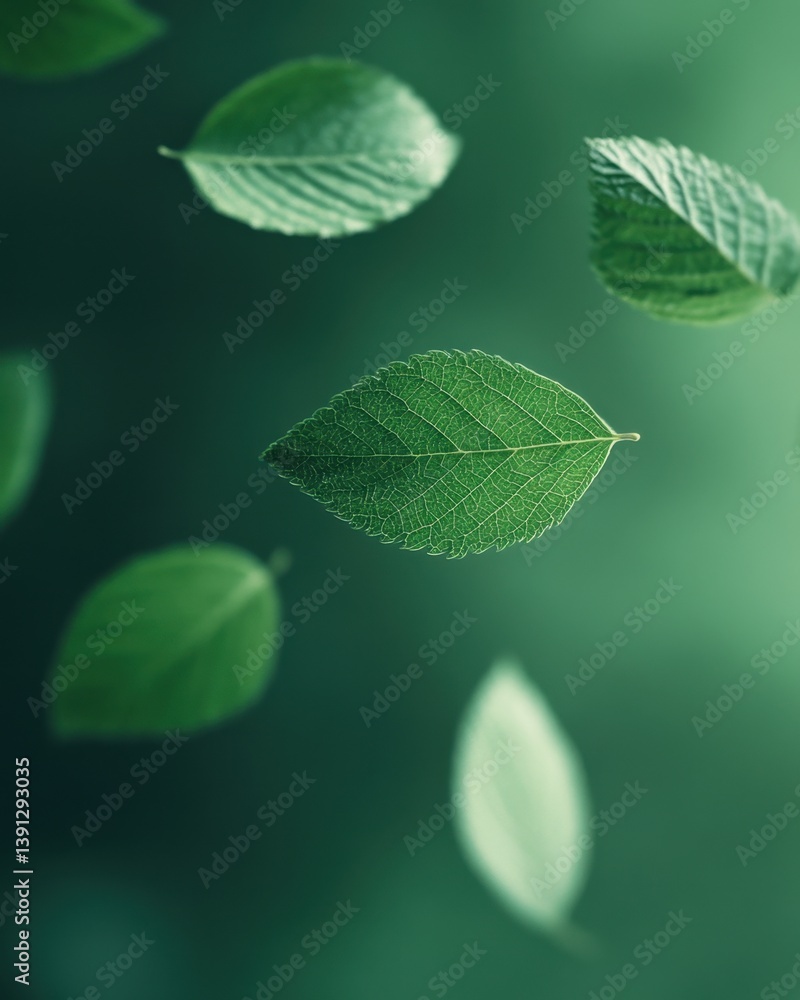 Poster floating green leaves on a soft green background creating a serene and natural atmosphere with a mac