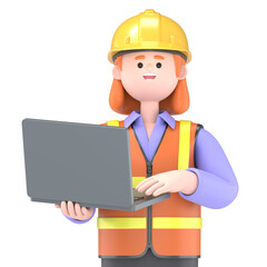 3D illustration of Female engineer Pam showing business charts at screen laptop computer.Transparent Background Mockup.Supports PNG files with transparent backgrounds.