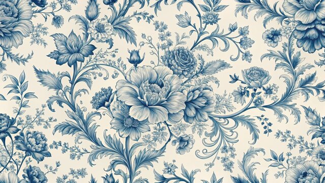 Naklejki Elegant and sophisticated vintage French floral toile blue pattern with intricate floral motifs and delicate scrollwork, floral