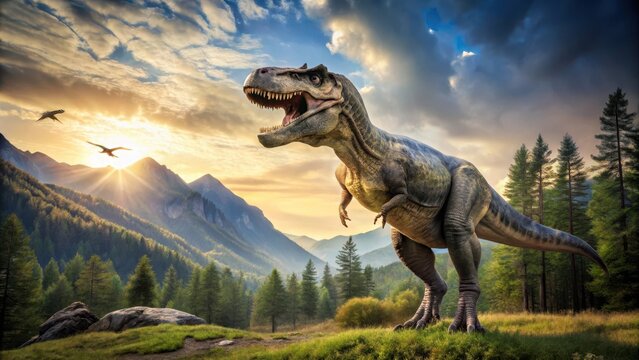A Tyrannosaurus Rex stands alone in a vast
