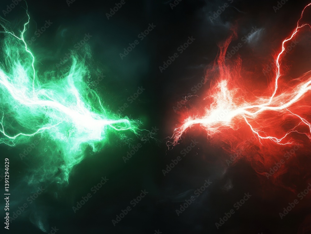 Aufkleber dynamic energy clash of green and red lightning bolts against a dark backdrop creating a dramatic an