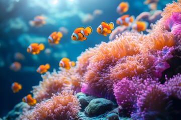 Vibrant coral reef bustling with clownfish and sea anemones in the warm waters of a tropical ocean