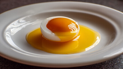 Half-boiled egg with runny yolk on white plate