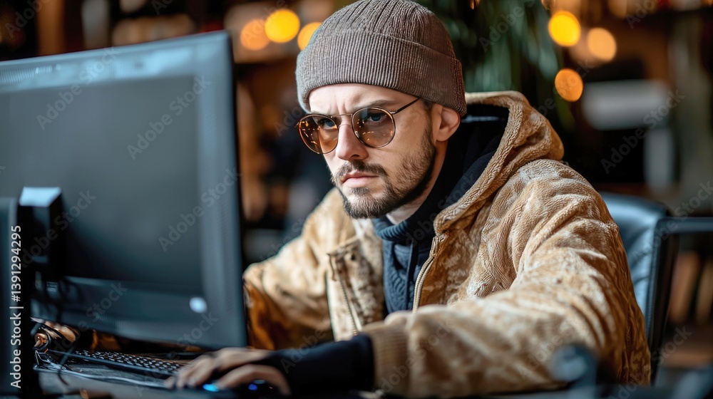 Poster focused hacker working on computer, cybersecurity, internet, and digital security concepts