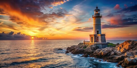 A majestic lighthouse standing tall on a rocky coastline amidst calm sea waters and sunset hues