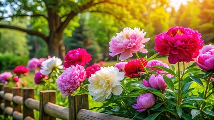 Obraz premium Colorful peony flowers blooming in a lush green garden with a wooden fence and trees in the background, colorful, spring