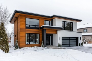 Modern residential home exterior in winter
