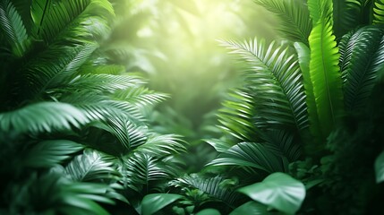 Lush tropical jungle foliage with sunlight.