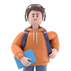 3D illustration of smiling Asian male guy Qadir hold book.Transparent Background Mockup.Supports PNG files with transparent backgrounds.