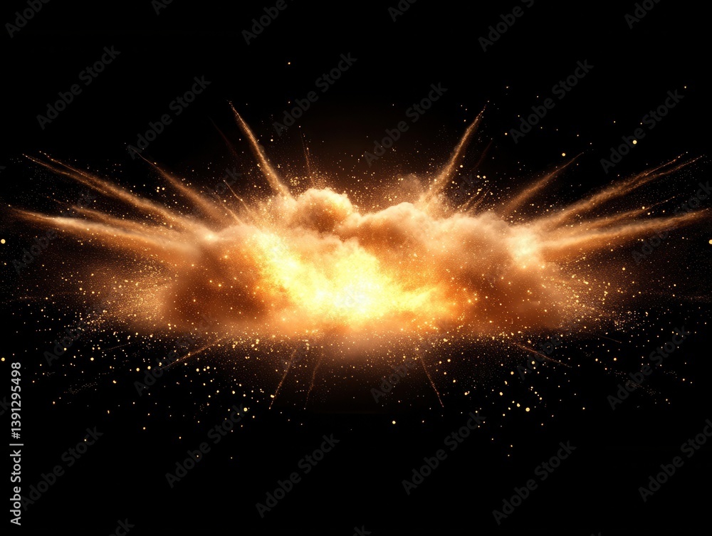 Poster dramatic golden explosion on black background capturing dynamic energy and abstract visual impact fo