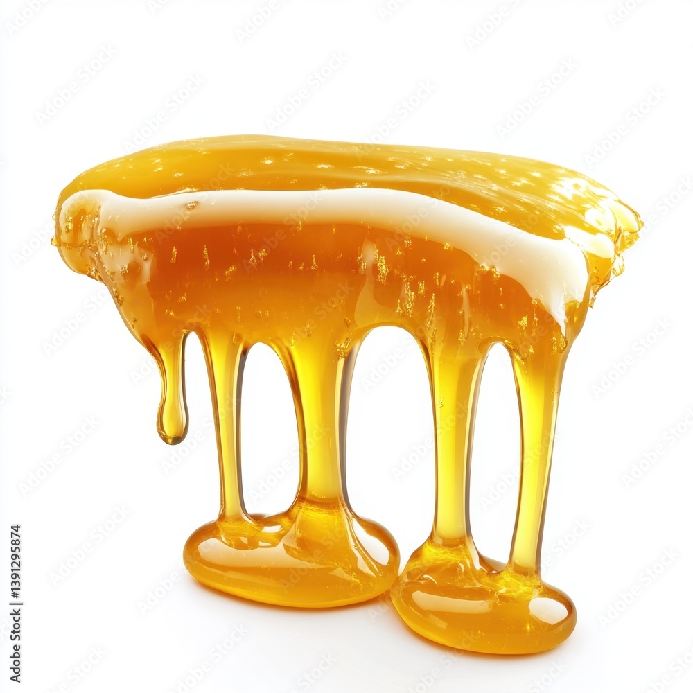 Poster golden honey dripping with a smooth texture on a white background creating a sweet and delicious tre