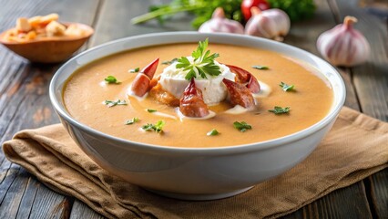 Creamy Lobster Bisque Soup with Chunks of Lobster Meat and a Dollop of Cream on Top, rich broth, seafood delicacy