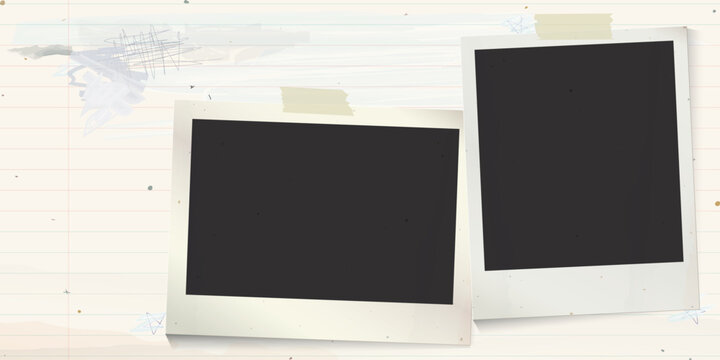 Both of blank old instant photograph stick on used old notebook paper horizontal background with stained effect graphic illustration.