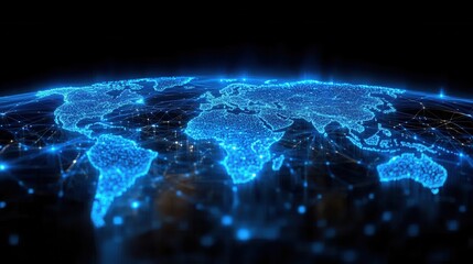 Digital World Map with Glowing Connections on Black Background Representing Global Network and Communication in Futuristic Style