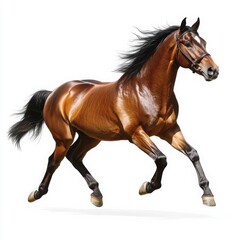 Fototapeta premium A beautiful brown horse with a black mane galloping on a white background in a studio shot isolated on white background