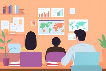 Fototapeta premium Business Meeting: Depicts an office environment, three figures engage in a collaborative work session, using laptops and sharing insights. Several world maps are shown in the wall.