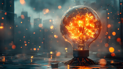 A glowing lightbulb illuminating a city skyline with abstract sparks