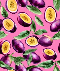 Watercolor Illustration Of Passion Fruit With Green Leaves On Pink Background Seamless Repeat Pattern