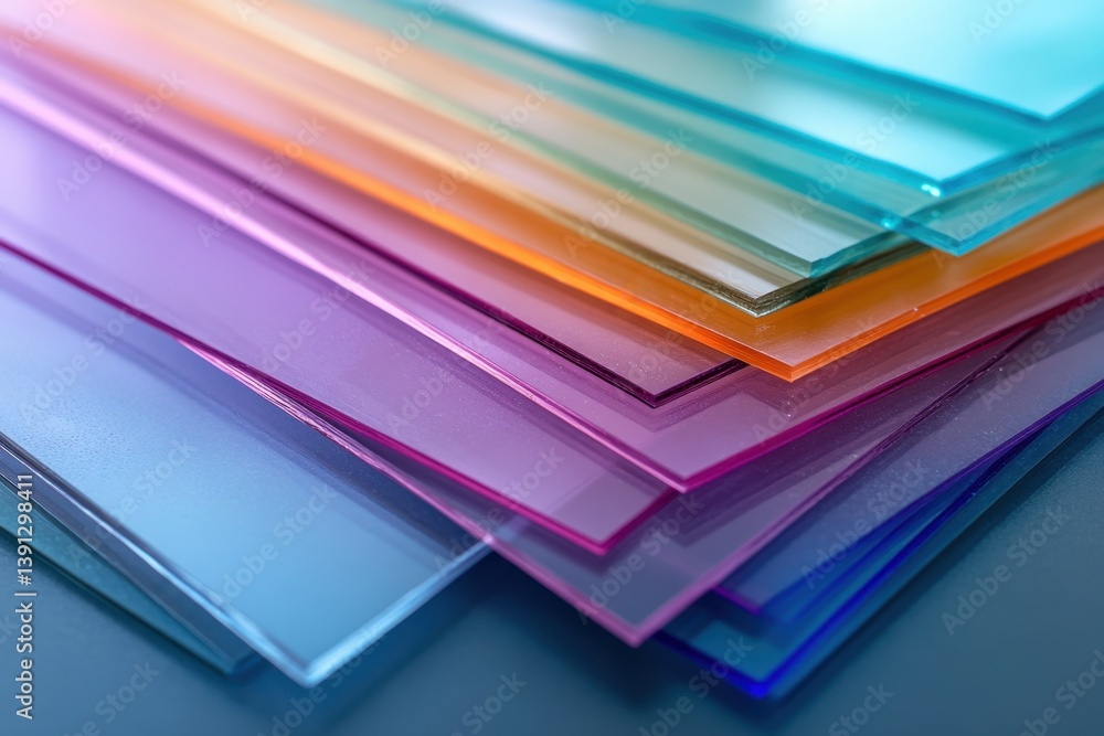 Poster colorful transparent acrylic sheets stacked with gradient effect creating a modern abstract design a
