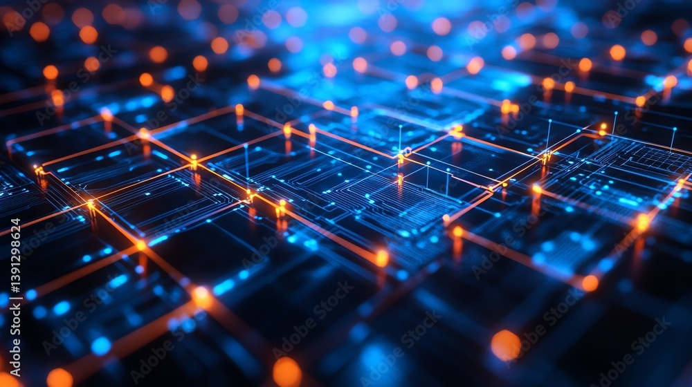 Poster abstract representation of futuristic technology with glowing circuits and data patterns in blue and