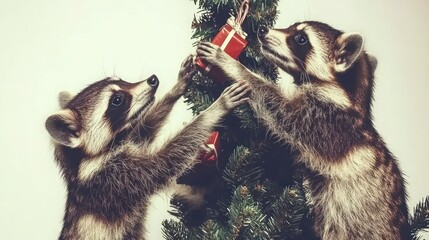 Obraz premium Cute raccoons decorating a Christmas tree