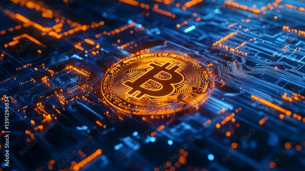 Poster visual representation of blockchain technology featuring a bitcoin coin in a digital landscape