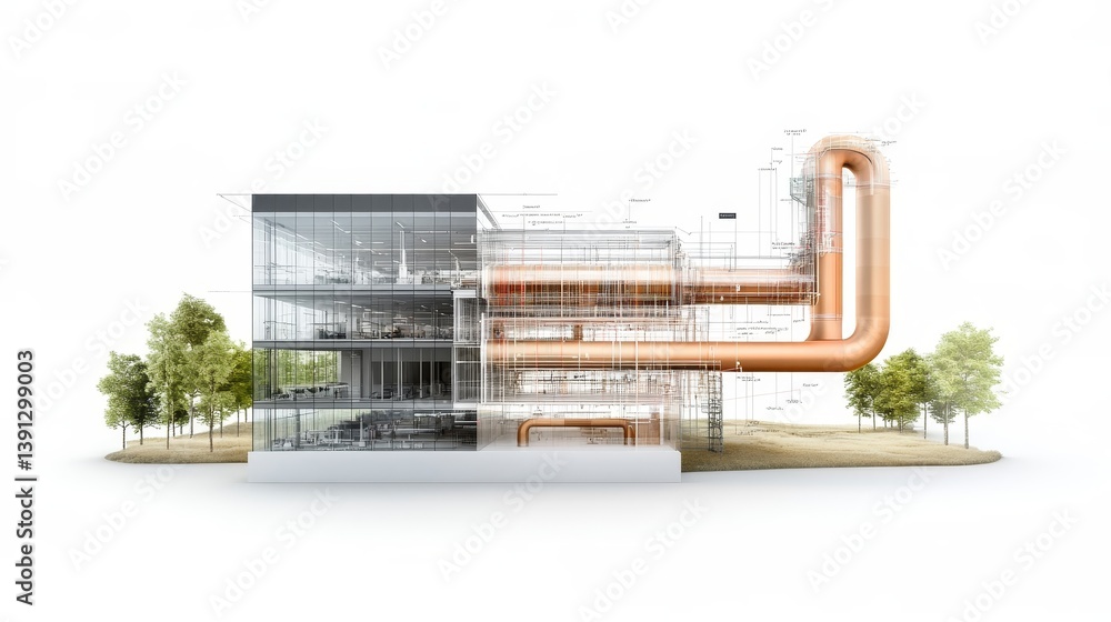 Poster modern architectural visualization of a building with pipes and trees