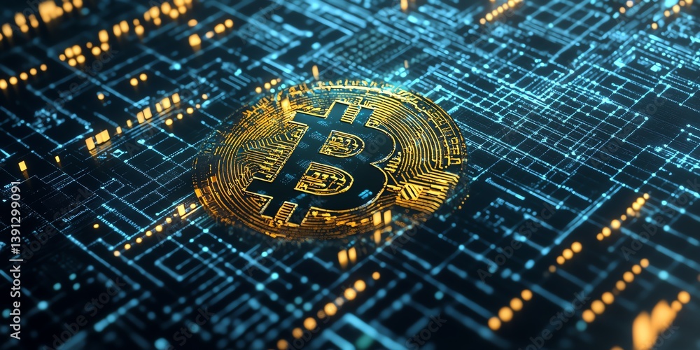 Poster visual representation of blockchain technology with a focus on bitcoin in a digitally connected worl