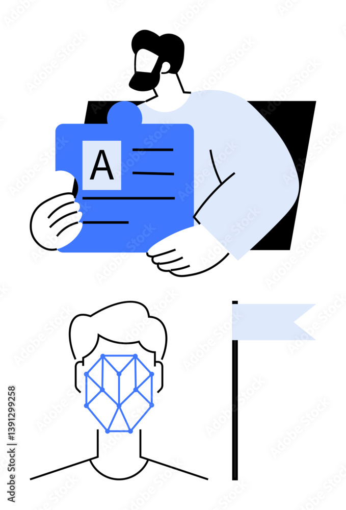 Poster man holding profile card, face scanning interface with geometric pattern, and flag post. ideal for s