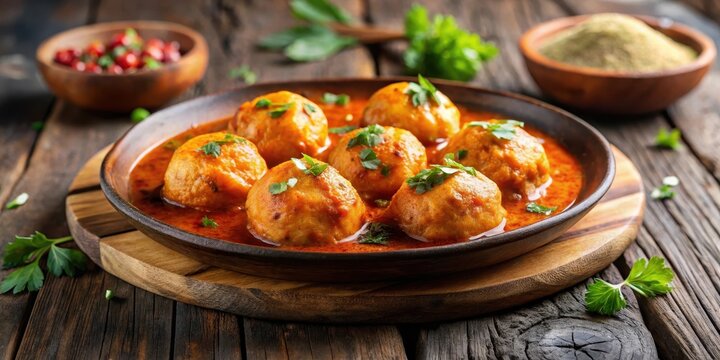 Steaming Kashmiri dum aloo dish on a rustic wooden platter, garnished with fresh cilantro and served in a rich, flavorful tomato-based sauce , indian cuisine, vegetable curry