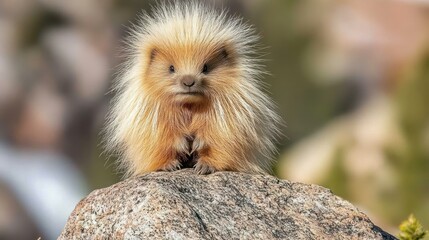 Naklejka premium Adorable porcupine cub on a rock