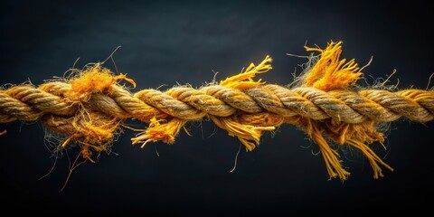 Frayed rope with yellow and orange threads scattered on a dark black background, creating a sense of decay and neglect , neglect