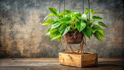 Exotic house plant Epipremnum aureum with lush green leaves and aerial roots hanging from the soil, sitting on a wooden planter , garden, indoorplants