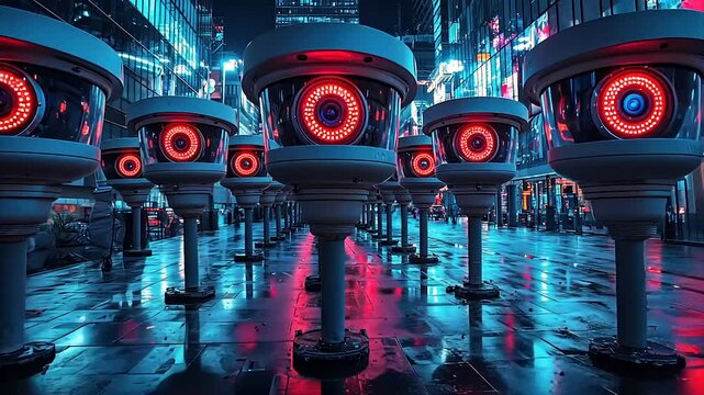 Cyberpunk city street with numerous surveillance cameras