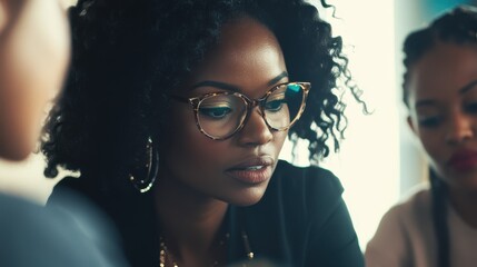 A motivational image of a professional reviewing portfolio growth strategies with her team.