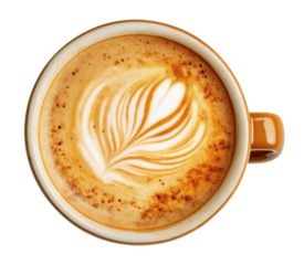 Cup with pumpkin latte, isolated on a white background, top view