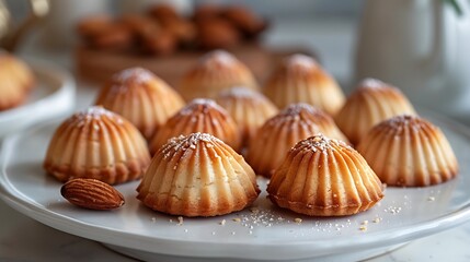 Greek amygdalota almond cookies shaped like small domes arranged neatly a white ceramic plate